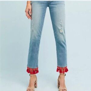 Pilcro and the Letterpress Light Wash Cropped Jeans with Red Tassel Hem